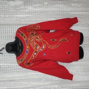 Red Vintage 80's 90's Oversized Sweater With Gems & Bow Detail SzS